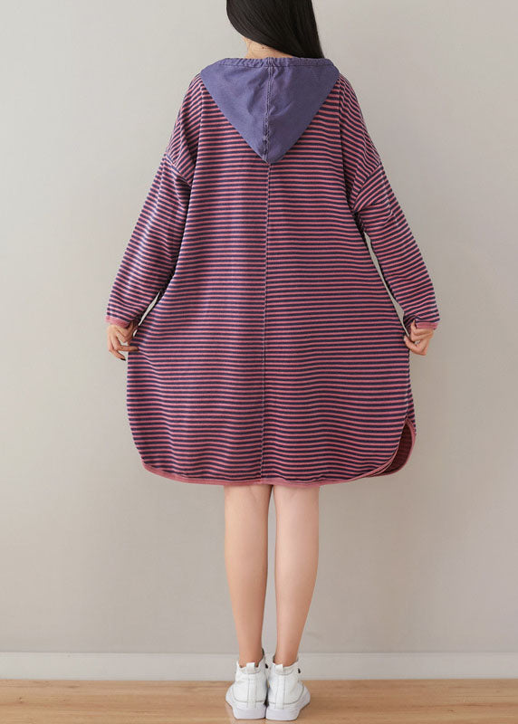 Plus Size Purple Hooded Striped Print Cotton Sweatshirt Dress Spring