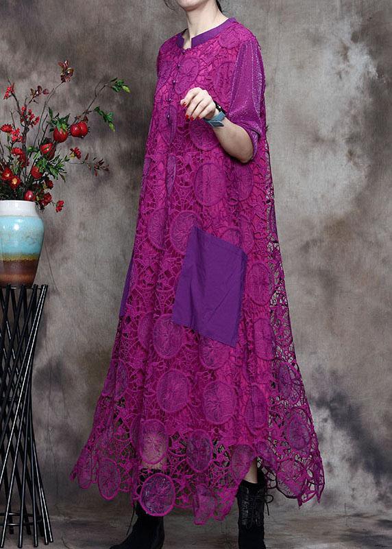 Plus Size Purple Lace Pockets side open Fall Long sleeve Dresses - Omychic