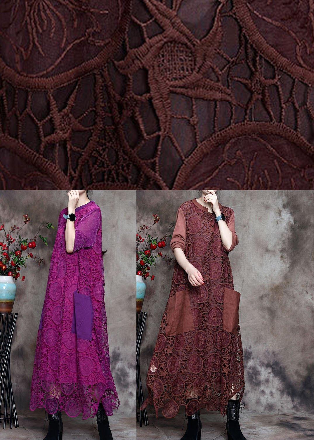 Plus Size Purple Lace Pockets side open Fall Long sleeve Dresses - Omychic