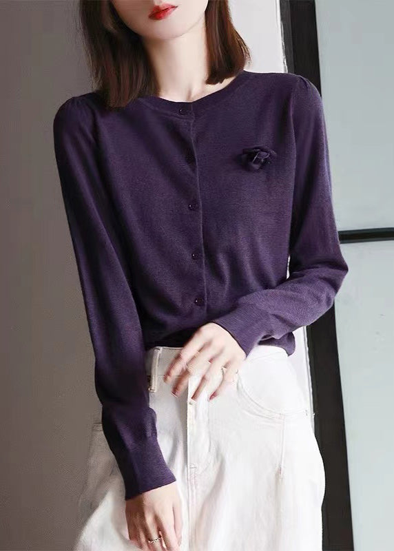 Plus Size Purple O Neck Floral Patchwork Woolen Knit Cardigans Fall