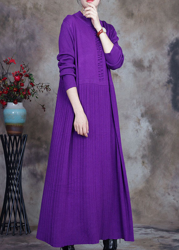 Plus Size Purple O-Neck Knit Sweater Dress Winter