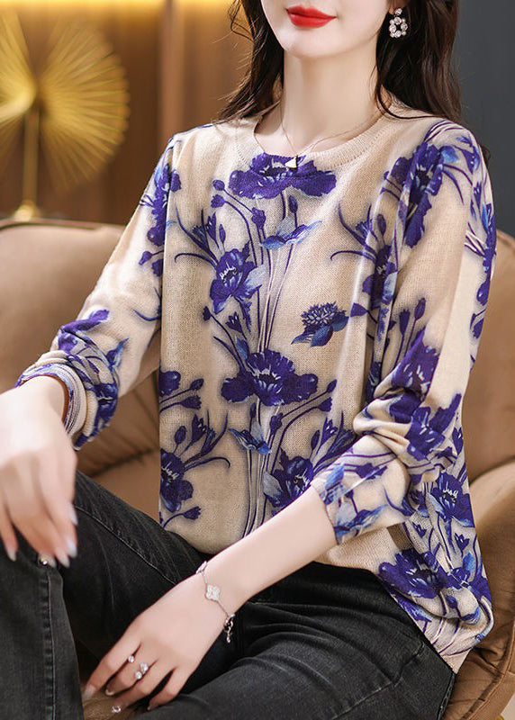 Plus Size Purple O Neck Print Thin Knit Blouses Fall