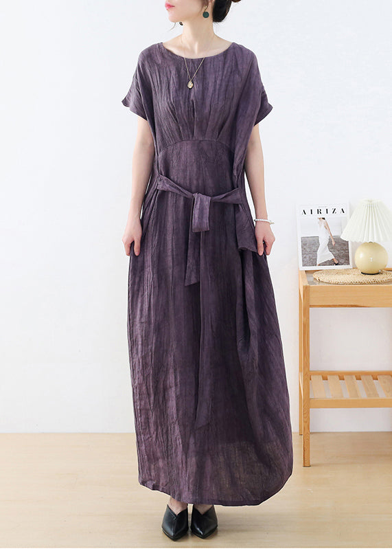 Plus Size Purple O-Neck wrinkled Linen Long Dresses Short Sleeve