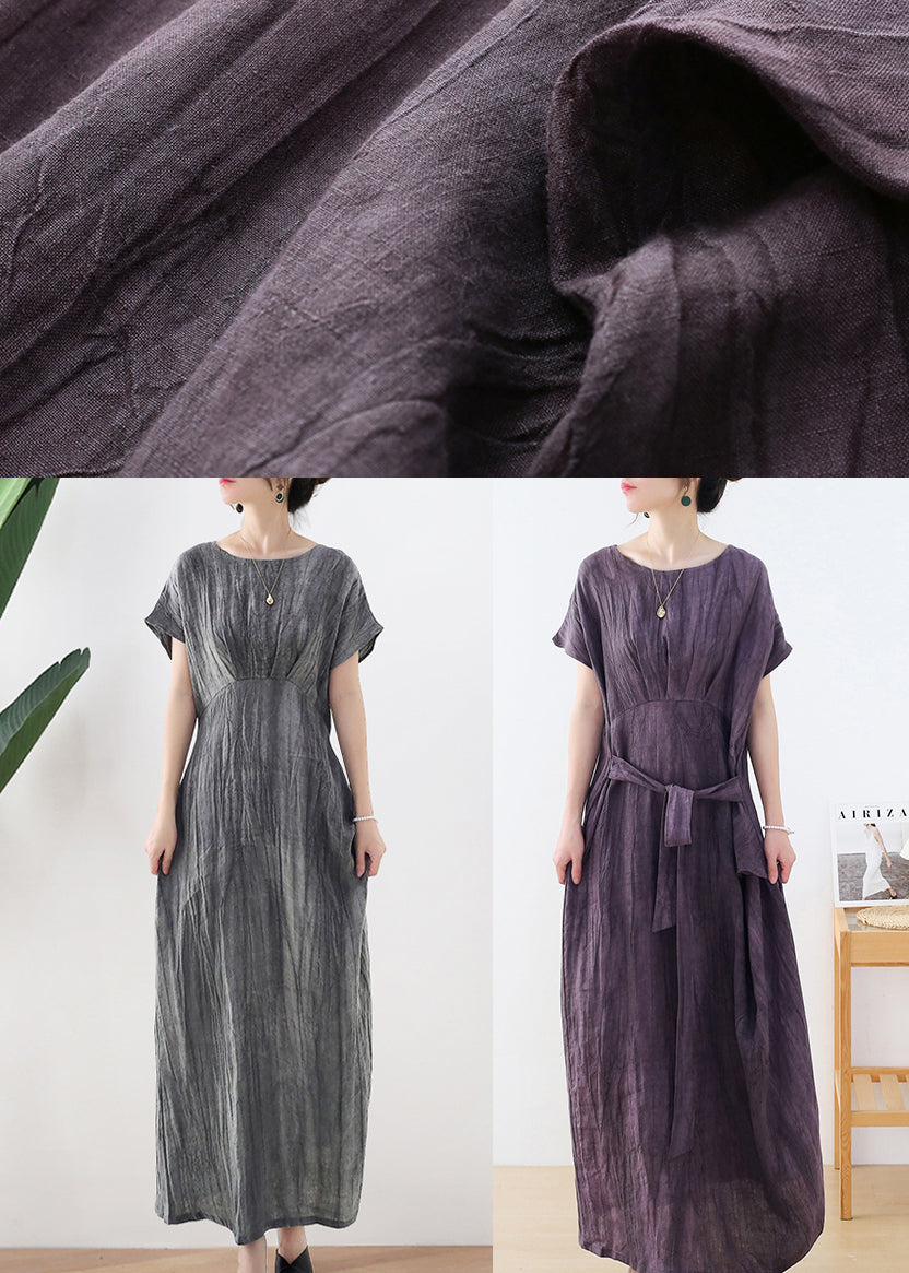 Plus Size Purple O-Neck wrinkled Linen Long Dresses Short Sleeve