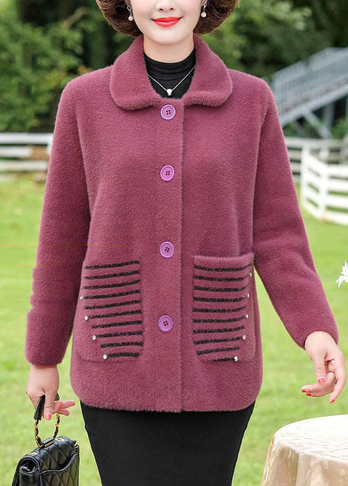 Plus Size Purple Peter Pan Collar Striped Pockets Mink Hair Knitted Coat Winter