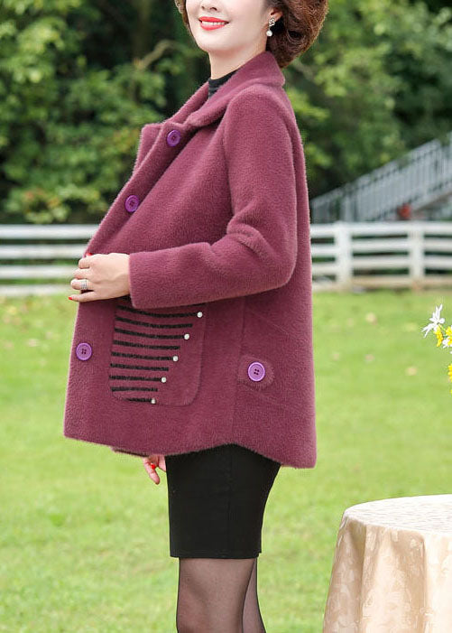 Plus Size Purple Peter Pan Collar Striped Pockets Mink Hair Knitted Coat Winter