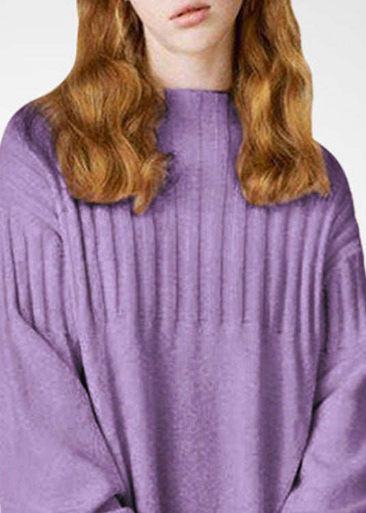 Plus Size Purple Stand Collar Thick Wool Long Knit Dress Winter