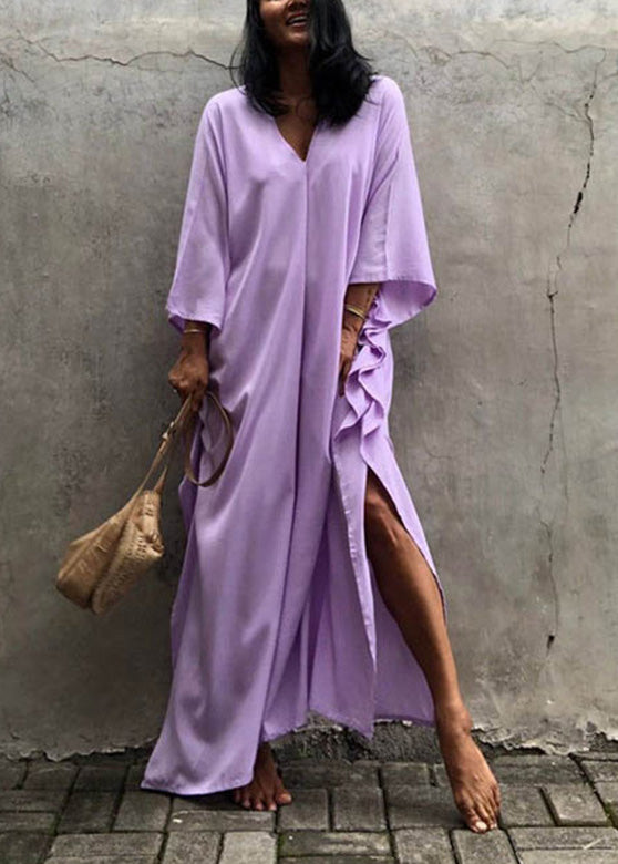 Plus Size Purple V Neck A line Long Dress Long Sleeve