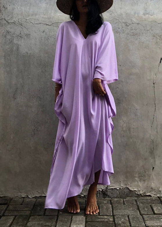 Plus Size Purple V Neck A line Long Dress Long Sleeve