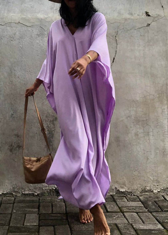 Plus Size Purple V Neck A line Long Dress Long Sleeve