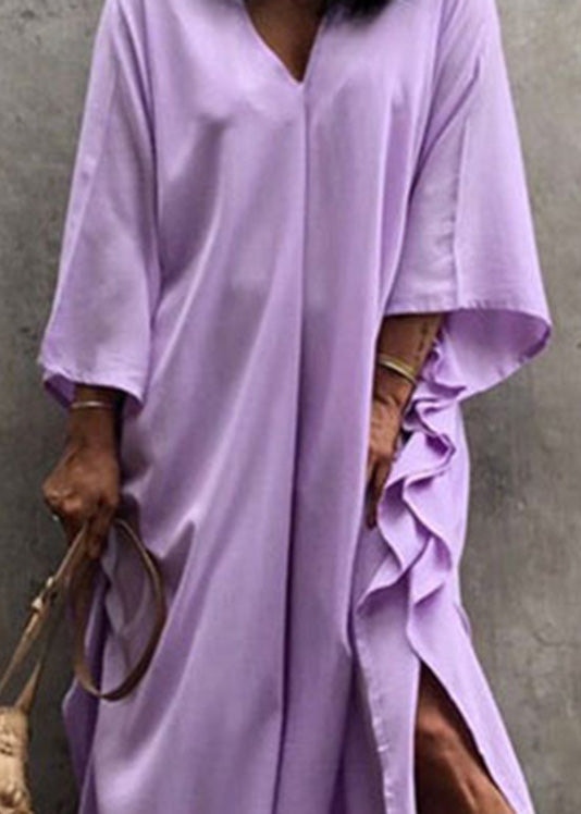 Plus Size Purple V Neck A line Long Dress Long Sleeve