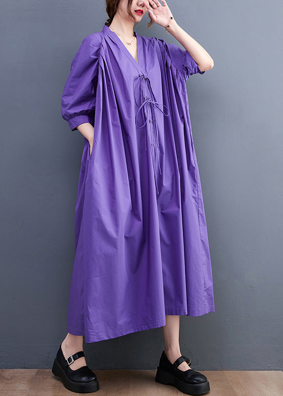 Plus Size Purple V Neck Button Long Dresses Summer