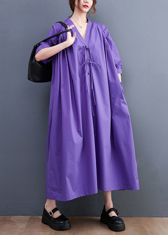 Plus Size Purple V Neck Button Long Dresses Summer