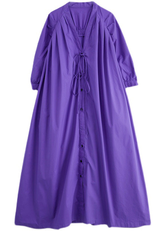 Plus Size Purple V Neck Button Long Dresses Summer