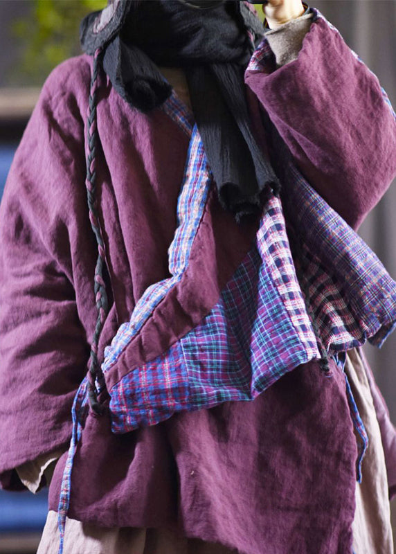 Plus Size Purple V Neck Lace Up Patchwork Fine Cotton Filled Coats Winter