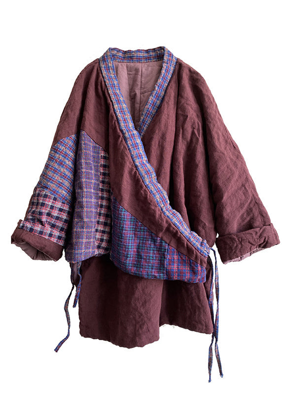 Plus Size Purple V Neck Lace Up Patchwork Fine Cotton Filled Coats Winter