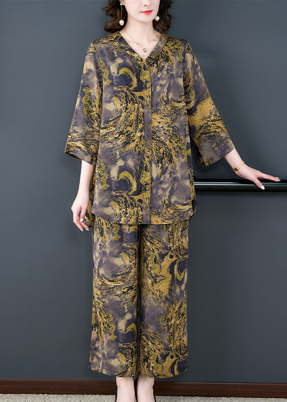 Plus Size Purple V Neck Print Patchwork Silk Two Piece Suit Set Summer