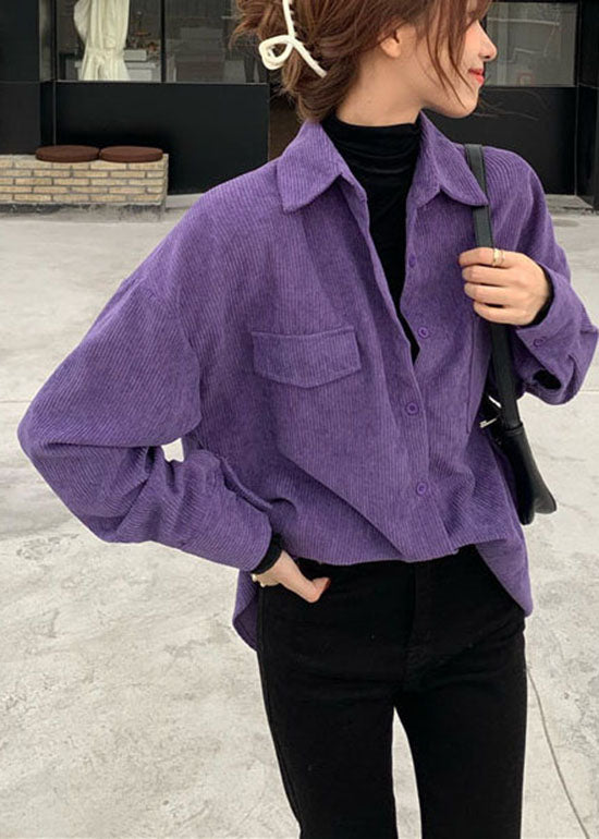 Plus Size Purple button Peter Pan Collar Silk Velour shirt Spring