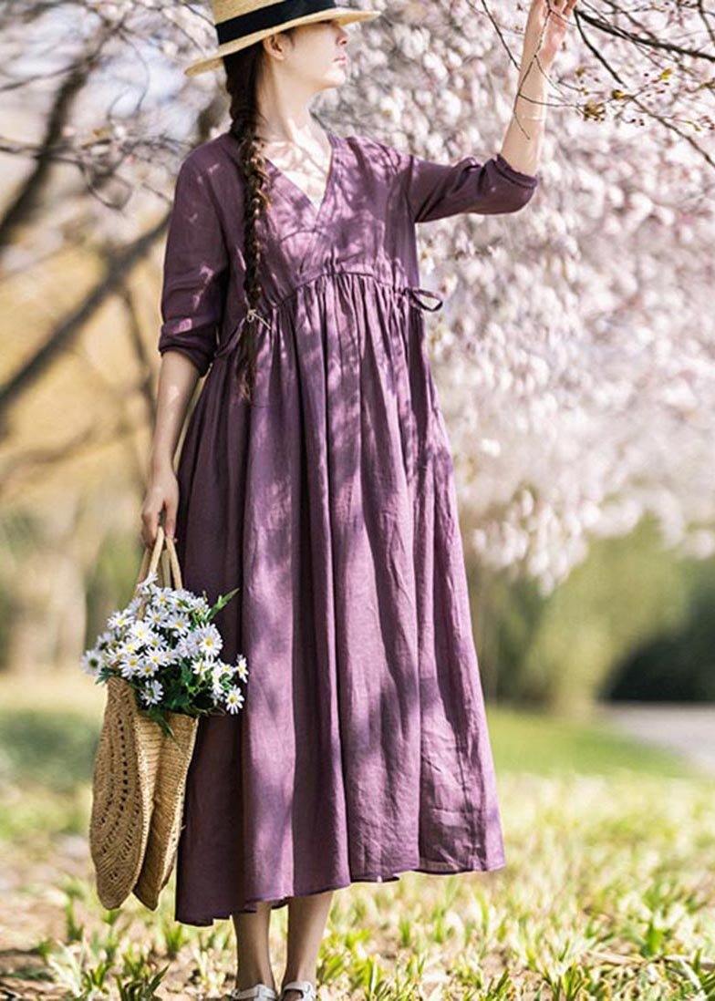 Plus Size Purple tie waist V Neck Mid Summer Linen Dress - Omychic