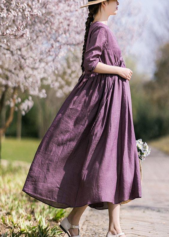 Plus Size Purple tie waist V Neck Mid Summer Linen Dress - Omychic
