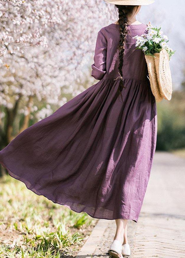 Plus Size Purple tie waist V Neck Mid Summer Linen Dress - Omychic