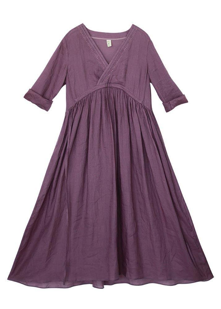 Plus Size Purple tie waist V Neck Mid Summer Linen Dress - Omychic