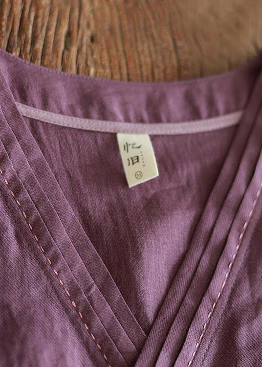Plus Size Purple tie waist V Neck Mid Summer Linen Dress - Omychic