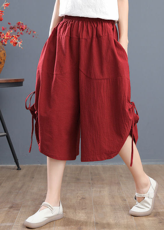 Plus Size Red Elastic Waist Drawstring Cotton Crop Pants Summer