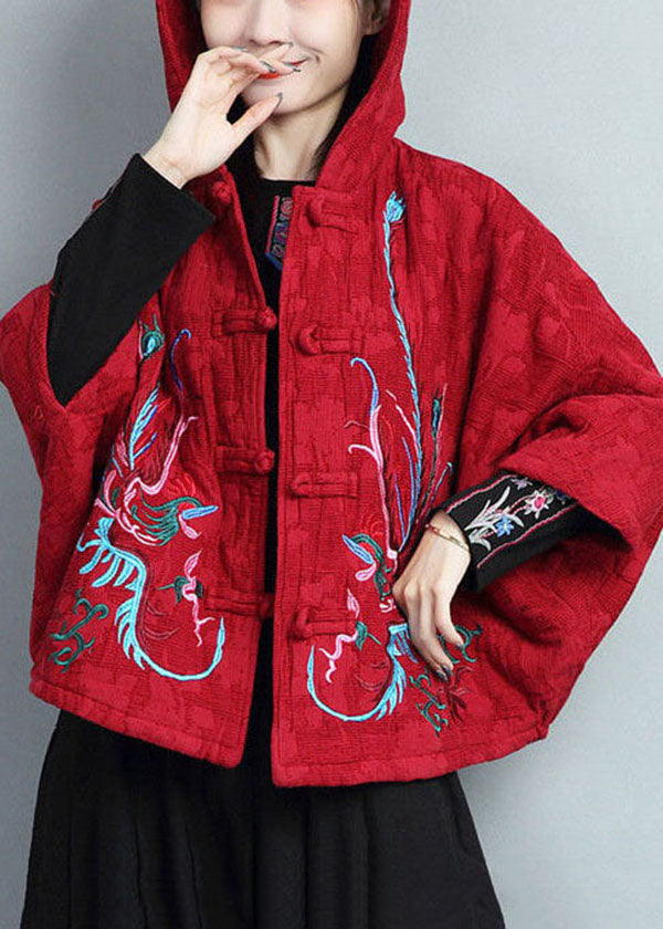 Plus Size Red Hooded Embroideried Warm Fleece Coat Batwing Sleeve
