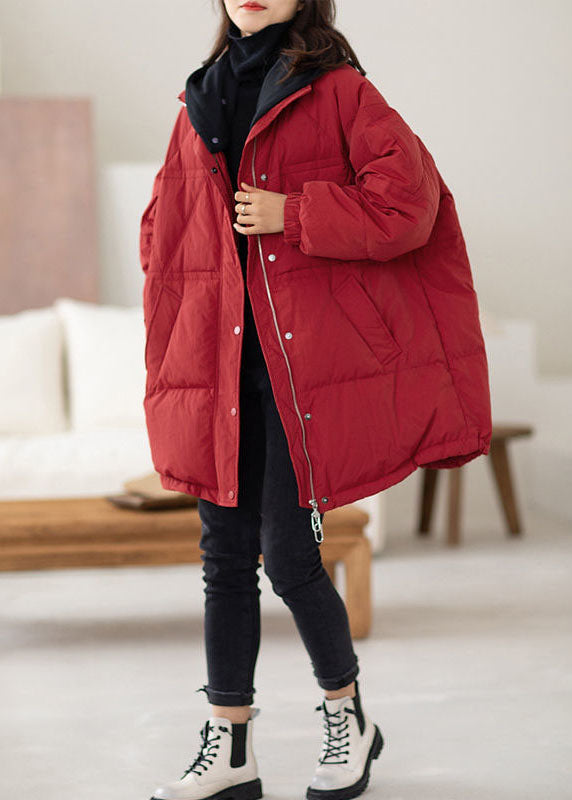 Plus Size Red Hooded Patchwork Duck Down Puffers Jackets Winter