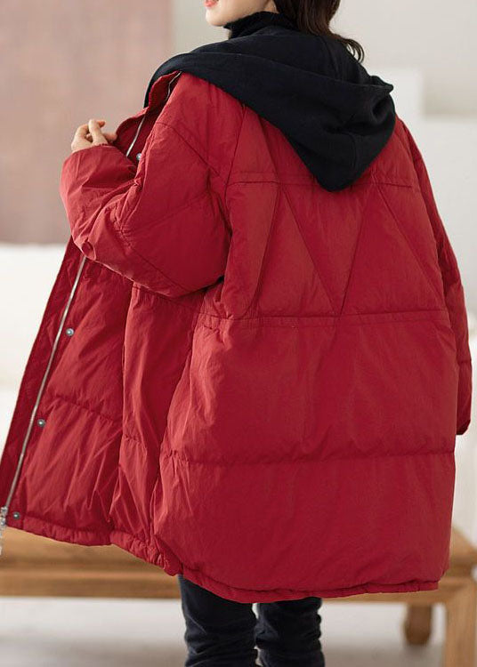 Plus Size Red Hooded Patchwork Duck Down Puffers Jackets Winter