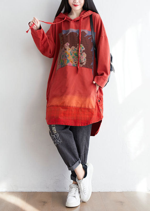 Plus Size Red Hooded Pockets Print Cotton Sweatshirt Dress Spring