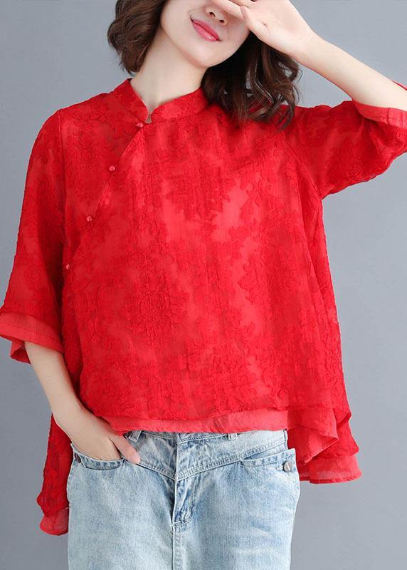 Plus Size Red Lace Three Quarter sleeve Oriental Loose Summer Top - Omychic