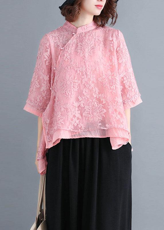 Plus Size Red Lace Three Quarter sleeve Oriental Loose Summer Top - Omychic
