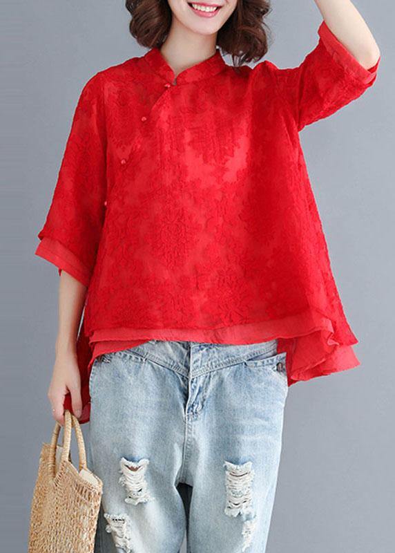 Plus Size Red Lace Three Quarter sleeve Oriental Loose Summer Top - Omychic