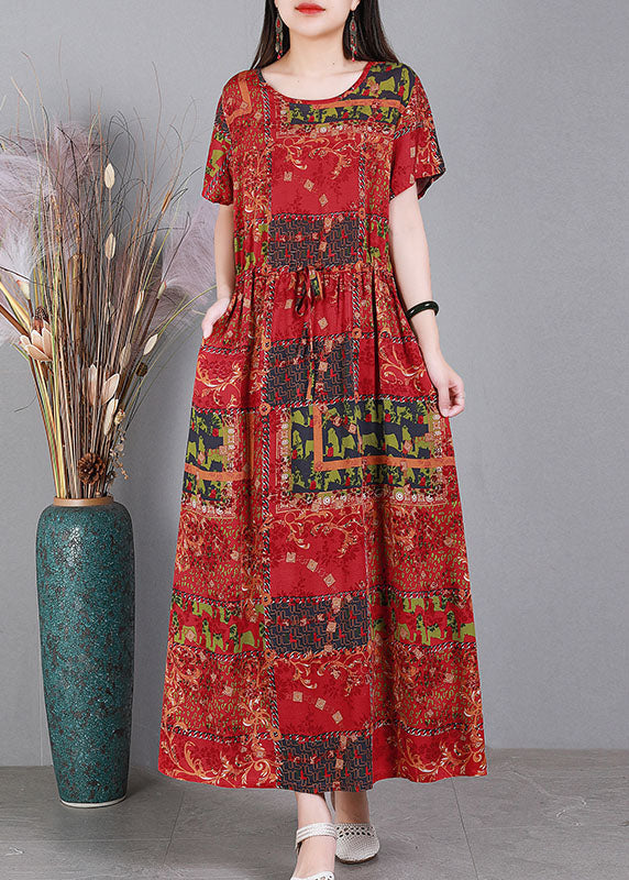Plus Size Red O-Neck Cinched Print Drawstring Silk Long Dresses Short Sleeve