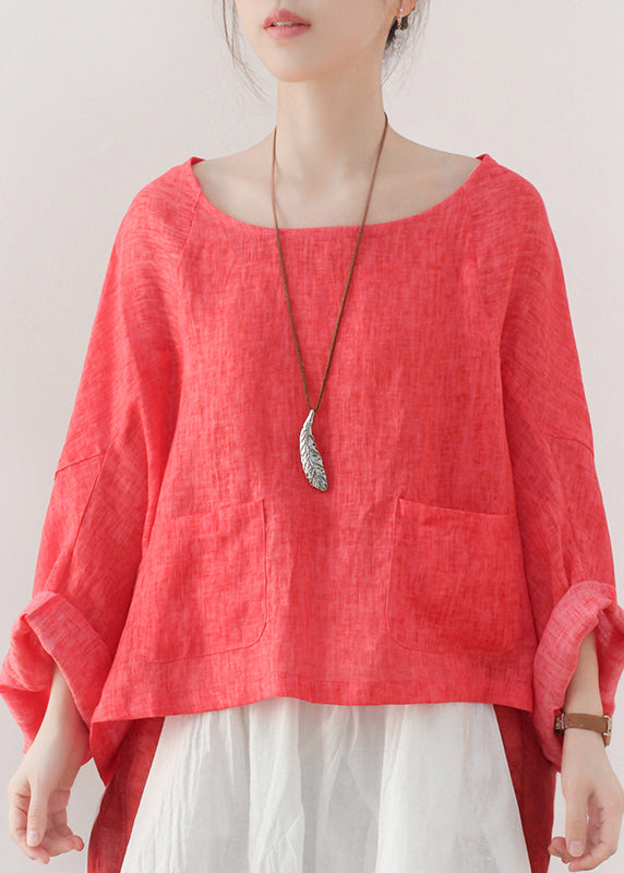 Plus Size Red O-Neck Linen Pullover Sweatshirt Batwing Sleeve