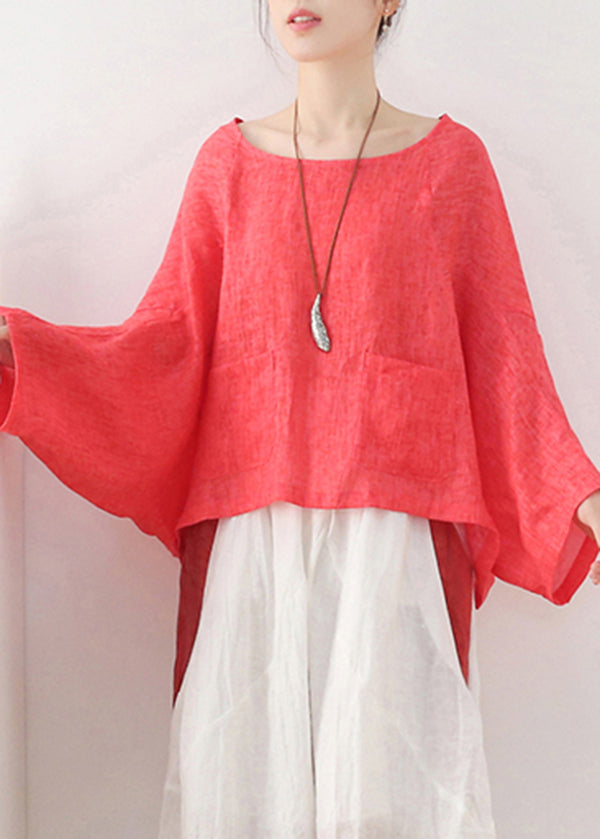 Plus Size Red O-Neck Linen Pullover Sweatshirt Batwing Sleeve