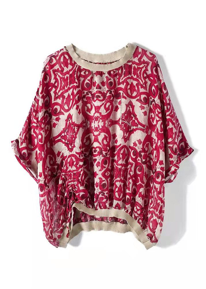 Plus Size Red O-Neck Print Chiffon Top Long Sleeve