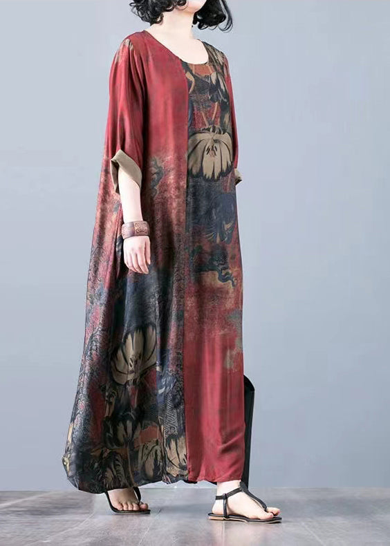 Plus Size Red O-Neck Print Silk Ankle Dresses Three Quarter sleeve