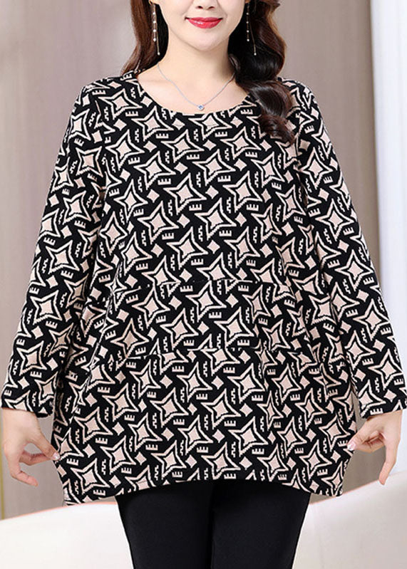 Plus Size Red O-Neck Print Top Long Sleeve