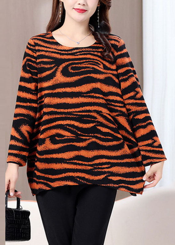 Plus Size Red O-Neck Print Top Long Sleeve