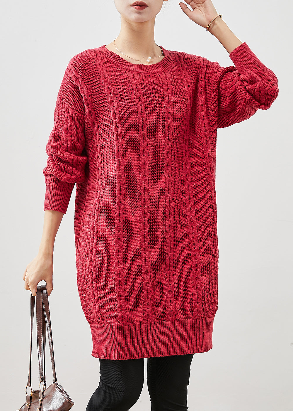 Plus Size Red O-Neck Warm Cable Knit Dress Winter