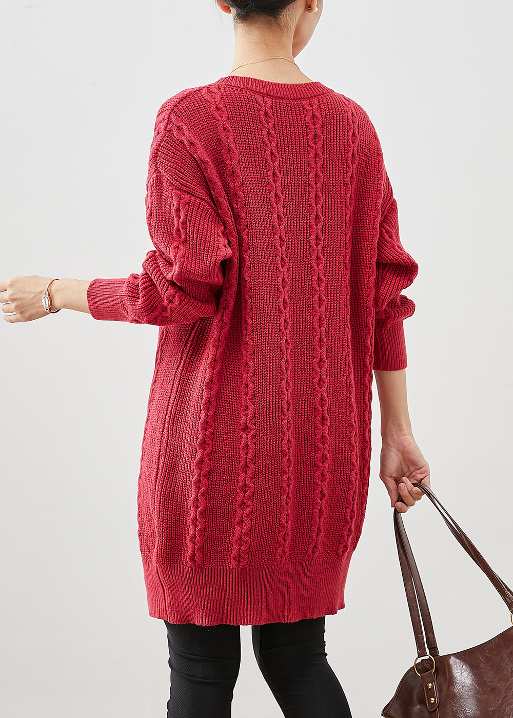 Plus Size Red O-Neck Warm Cable Knit Dress Winter