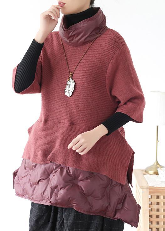 Plus Size Red Patchwork Wool Knitted tops - Omychic