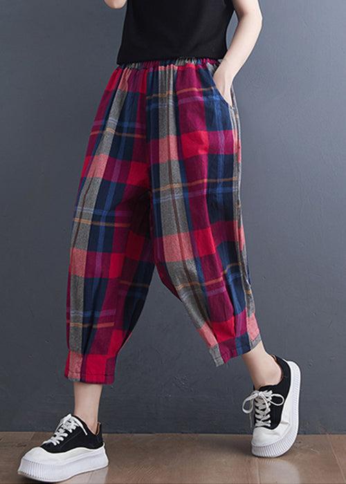 Plus Size Red Plaid Elastic Waist Cotton Crop Pants Summer