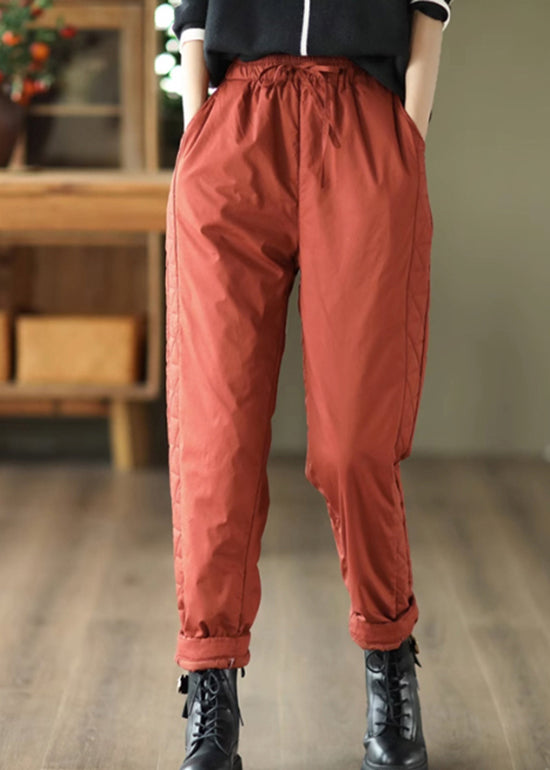 Plus Size Red Pockets Patchwork Fine Cotton Filled Pants Winter