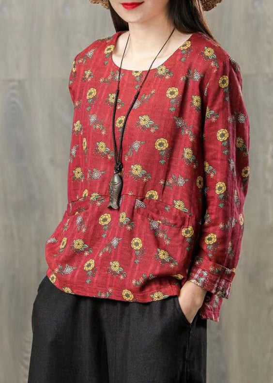 Plus Size Red Print O Neck Patchwork Cotton T Shirt Top Fall