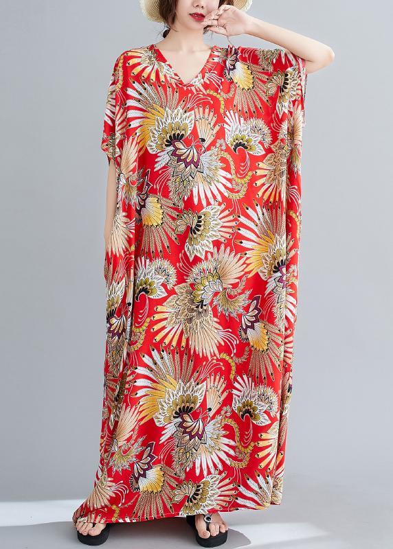 Plus Size Red Print V Neck Summer Cotton Dress - Omychic