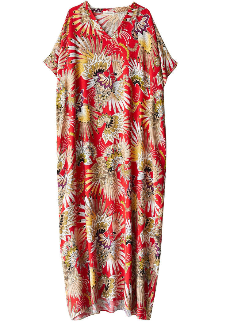 Plus Size Red Print V Neck Summer Cotton Dress - Omychic